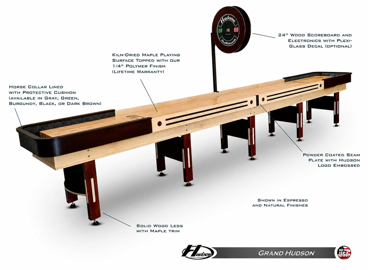 Grand Hudson shuffleboard table with custom stain options - Hudson Shuffleboards
