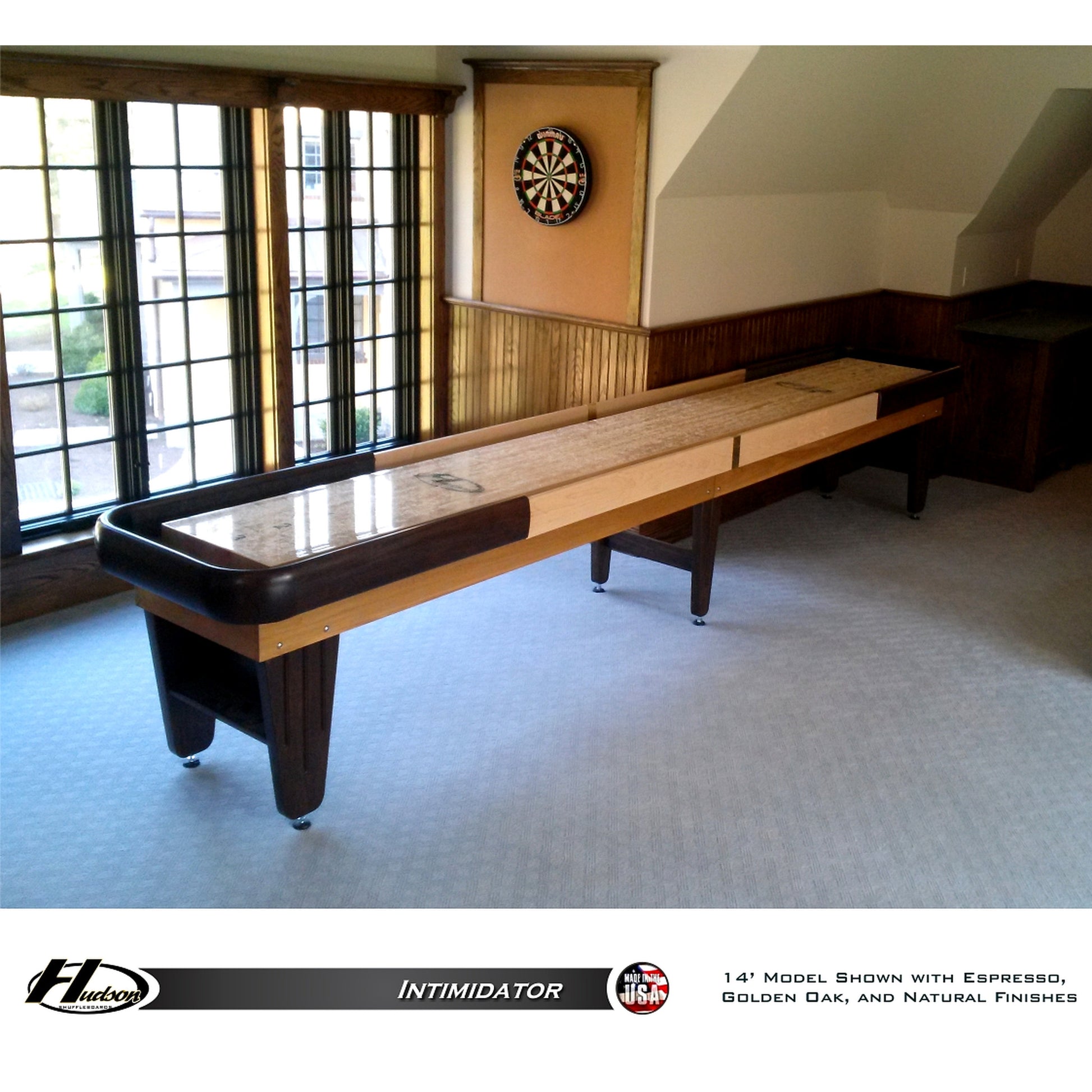 Intimidator shuffleboard table with custom stain options - Hudson Shuffleboards