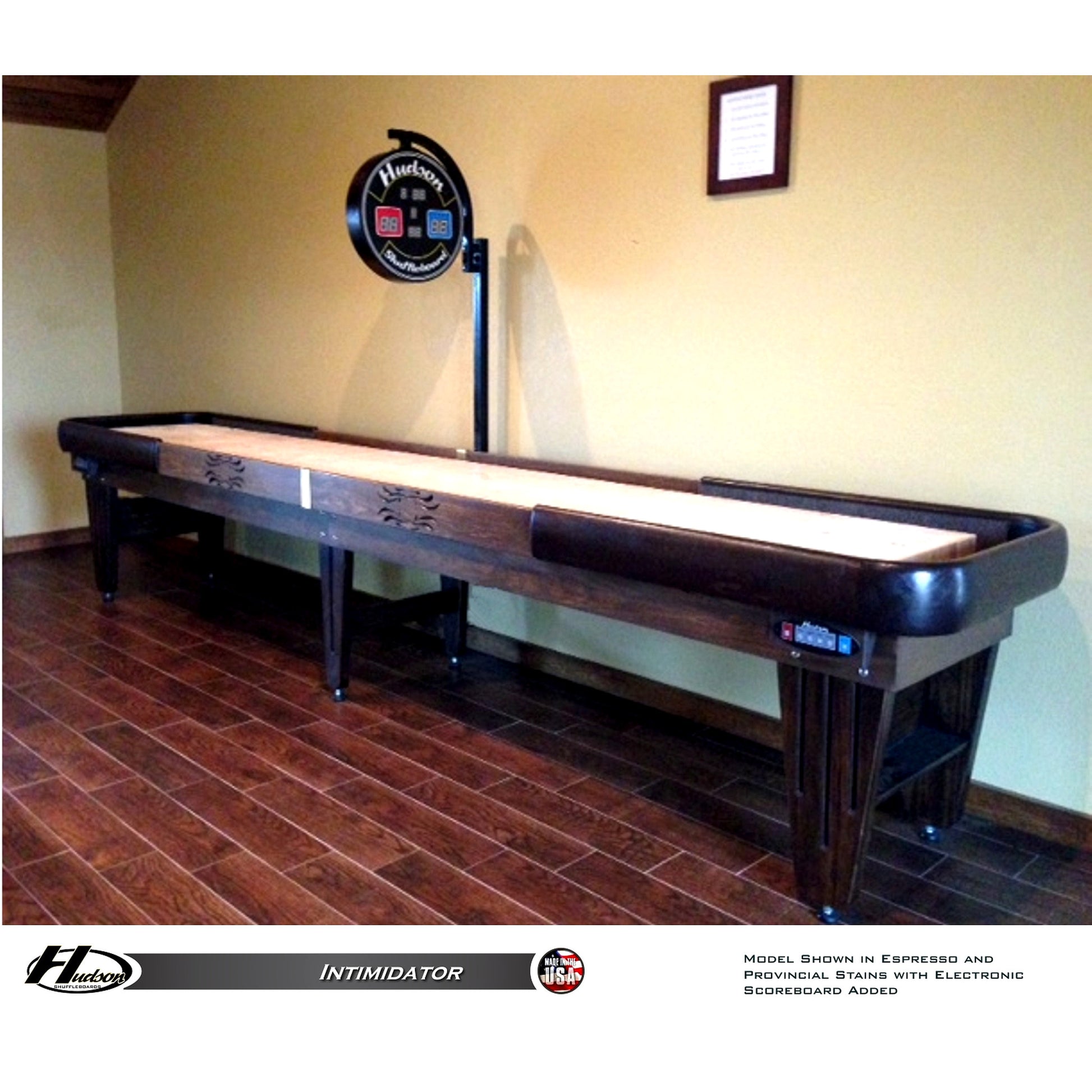 Intimidator shuffleboard table with custom stain options - Hudson Shuffleboards