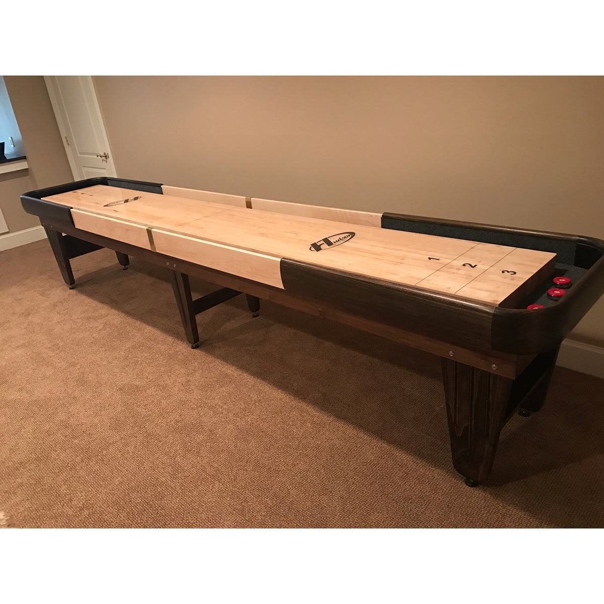 Intimidator shuffleboard table with custom stain options - Hudson Shuffleboards